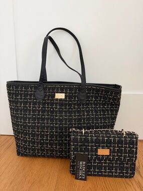 2 bags!Badgley Mischka Black Tweed Tote and Matching Crossbody with Gold Accents